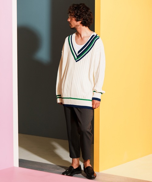 「ANGENEHM」 長袖ニット M ホワイト×ブルー メンズ_画像4