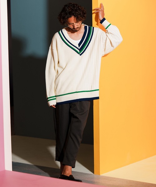 「ANGENEHM」 長袖ニット M ホワイト×ブルー メンズ_画像5