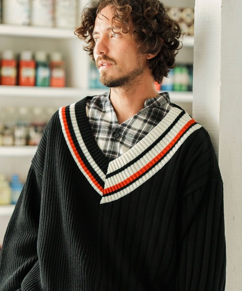 「ANGENEHM」 長袖ニット M ホワイト×ブルー メンズ_画像6