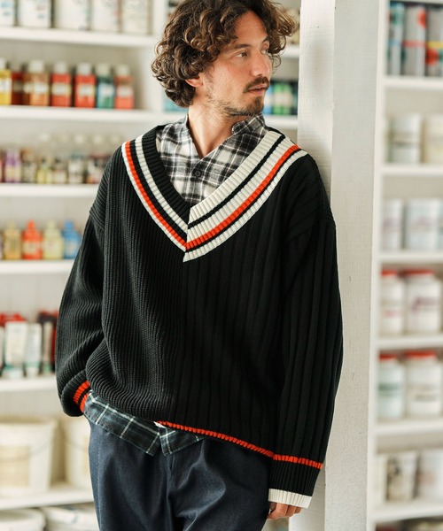 「ANGENEHM」 長袖ニット M ホワイト×ブルー メンズ_画像7