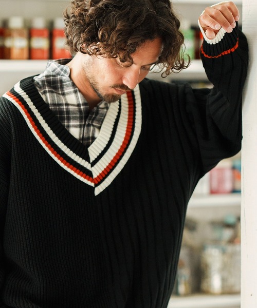 「ANGENEHM」 長袖ニット M ホワイト×ブルー メンズ_画像8