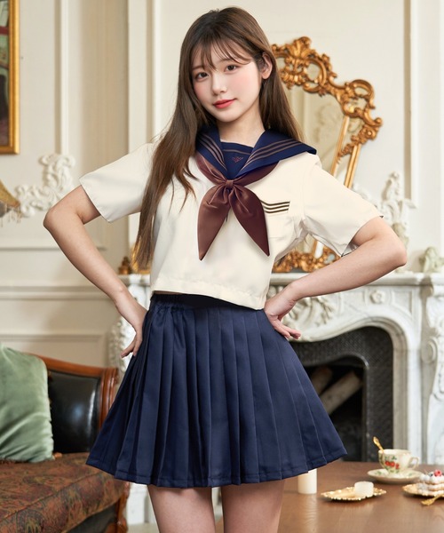 コスプレ 「制服コスプレ3点セット」クリームベージュセーラー服 半袖 