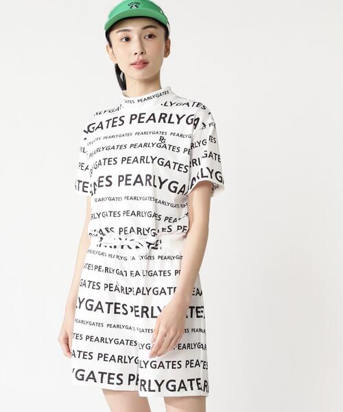 パンツドレス 「PEARLY GATES」ランダムロゴボーダー柄　梨地ジャージの画像