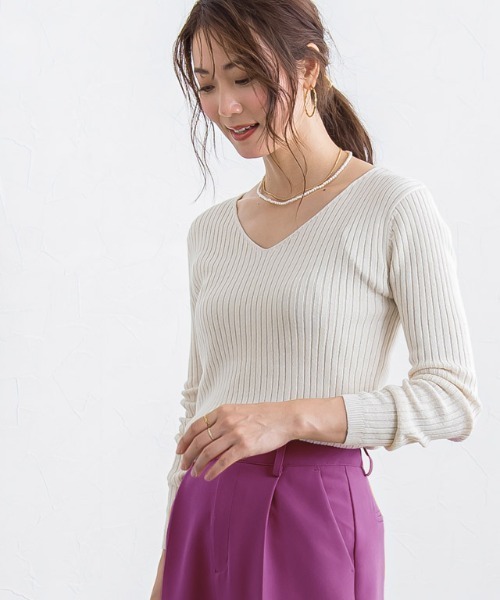 Rirandture - うーたん 新品タグ付 Rirandture ネックレス付Vニット Pierrot ニット セーター 綿混リブニット Vネック レディース