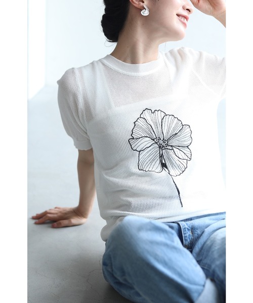 tシャツ フローラル レース メッシュトップス レディース レディース 長袖刺繍レースメロウフリルシアートップス | テディ