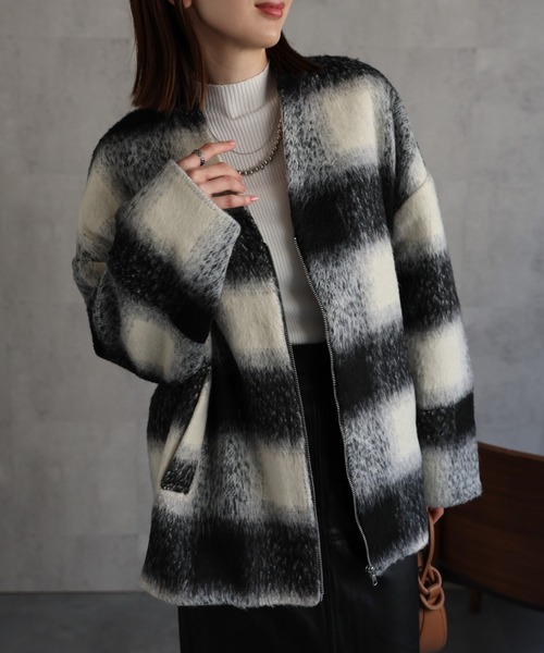 新品 ドレステリア シャギーチェックノーカラーコート 53900円 otonaMUSE12月号掲載】シャギーチェックノーカラーコート