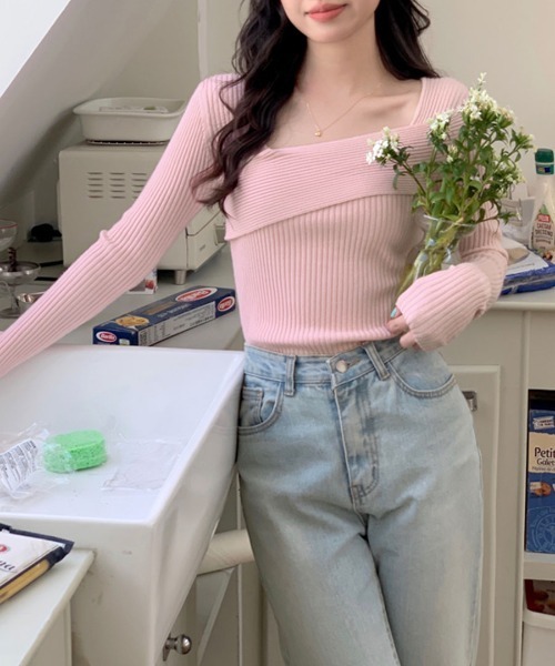 新品♡7分袖デコルテ刺繍リブニット デコルテオープンリブニットトップス[品番：MKSW0061940]｜dazzlin