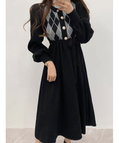 PEARLY GATES アーガイルニットワンピース PEARLY GATES アーガイルニットワンピース