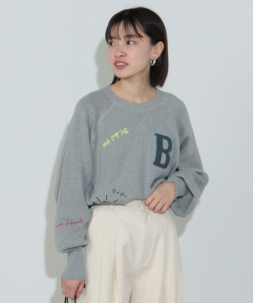 ニット セーター スウェットライク ロゴ ニットプルオーバー レディース BEAMS HEART ニット セーター スウェットライク ロゴ ニットプル