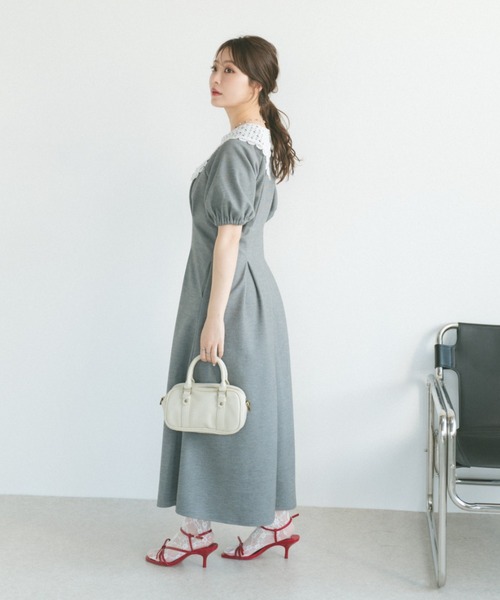 ECREL ワンピース 半袖 エンブロイダリーカラーパフスリーブワンピース