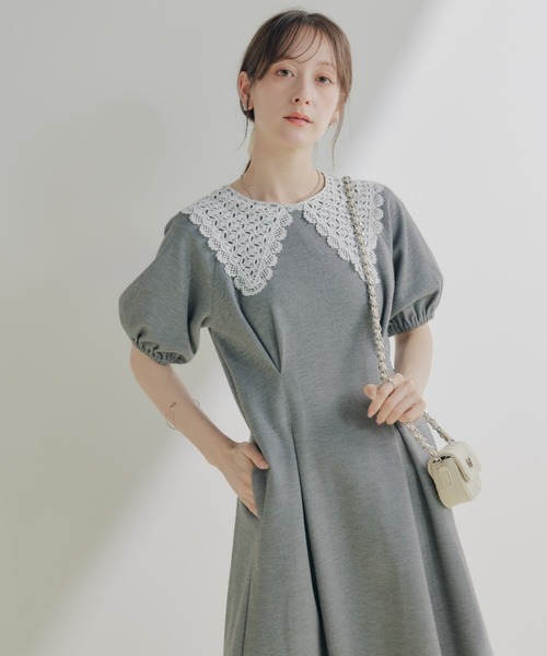 ECREL ワンピース エンブロイダリーカラーパフスリーブワンピース