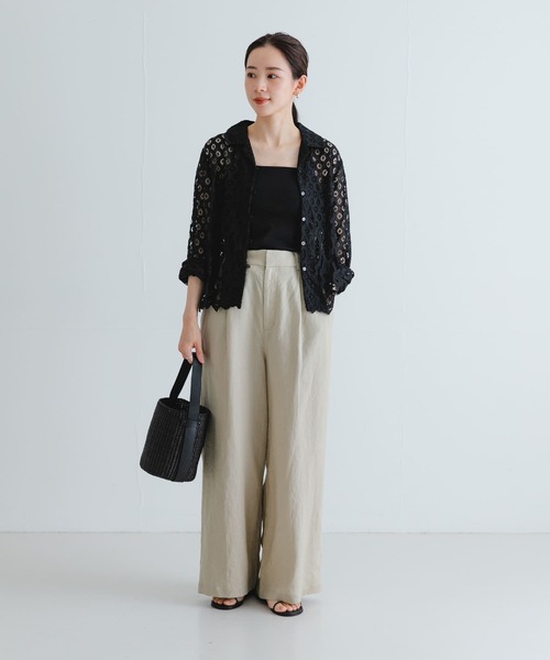 BEAUTY&YOUTH ドッキングレース オープンカラーシャツ ブラック F セール】 FLAX ライク オープンカラー フォルム シャツ ‐横