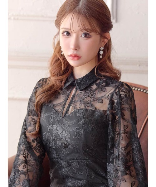 DAZZY ドレス フラワー刺繍レース 襟付き ロングスリーブ マーメイド