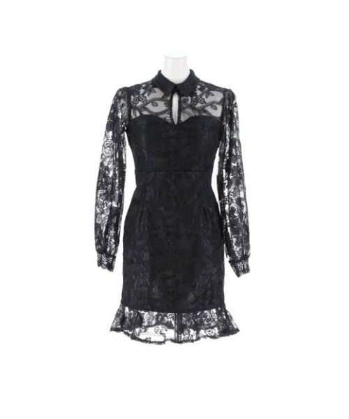 DAZZY ドレス フラワー刺繍レース 襟付き ロングスリーブ マーメイド