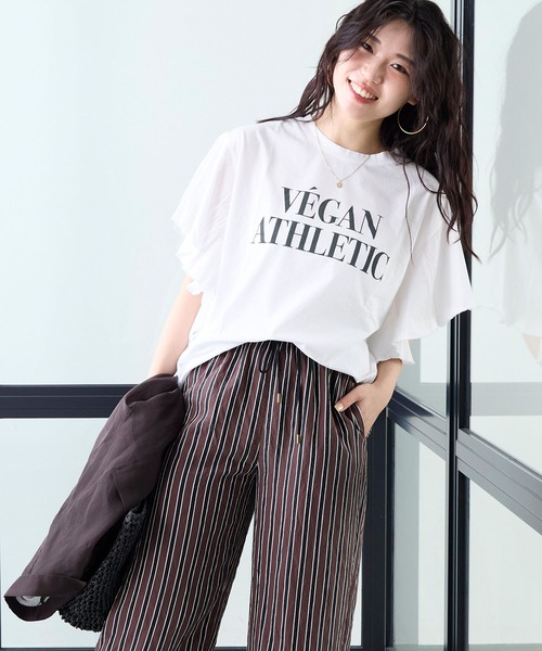 tシャツ VEGANATHLETIC”ロゴフリルスリーブT-shirt レディース MICA&DEAL tシャツ VEGANATHLETIC”ロゴフリルスリーブT-shirt