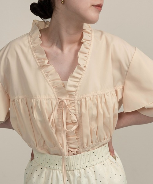 ブラウス シャツ v frill line gather ribbon blouse / vフリルラインギャザーリボンブラウス レディース