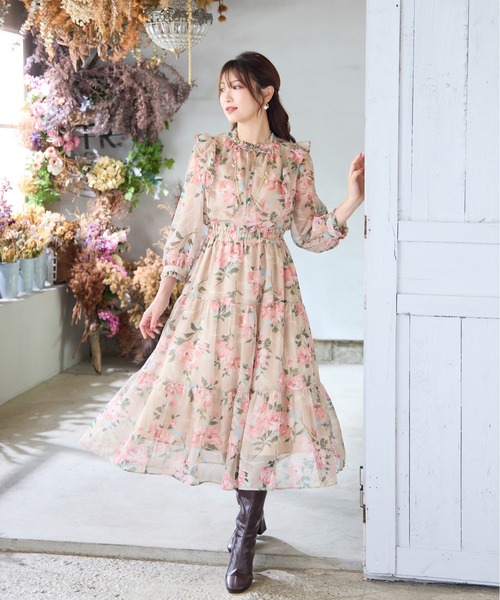 美品　クレッシェントデュオ　花柄　ボタニカル柄　ワンピース　麻　ベージュ　M マーキュリーデュオ MERCURYDUO シアーノースリニット花柄