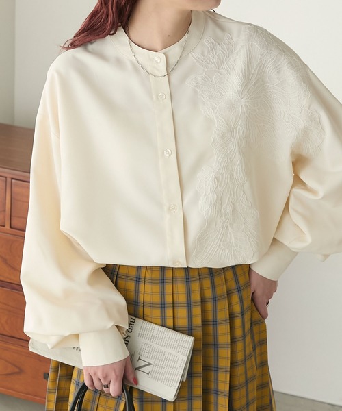 刺繍 レース ボリュームスリーブ スタンドカラー 長袖 ブラウス 36 刺繍 レース ボリュームスリーブ スタンドカラー 長袖 ブラウス 36