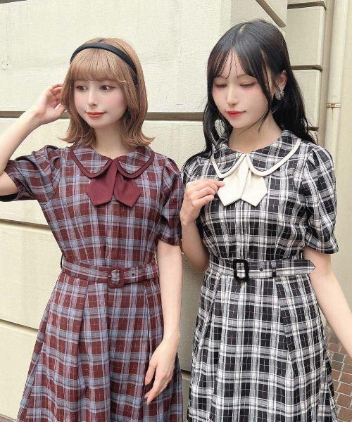 F i.n.t（フィント） ワンピース 半袖 タイ付きダブルカラーチェック