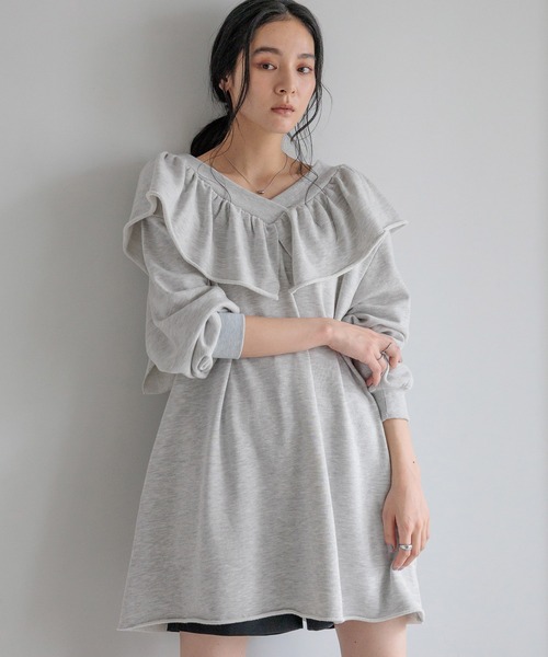 ぼぶりしゃす ラメフリルスリーブ配色バックプリントワンピース│forksy.│165cm