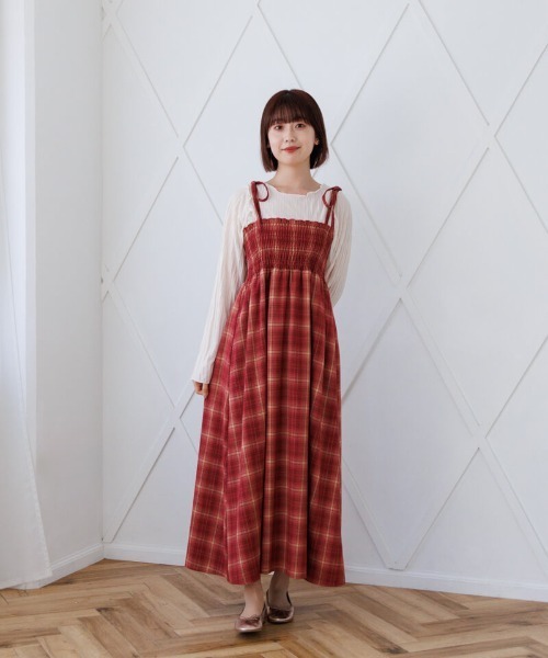 花柄長袖ブラウスと赤チェックキャミワンピース flower ワンピース シックチェックワンピース : ZOZOTOWN Yahoo!店