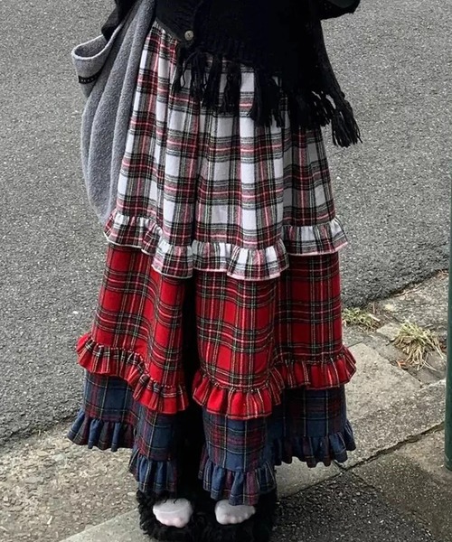 スカート Nia(ニア)/チェック柄レイヤード パッチワークロングスカート