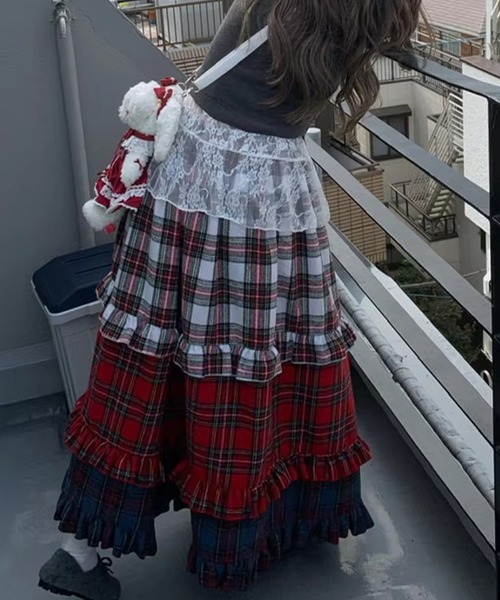 スカート Nia(ニア)/チェック柄レイヤード パッチワークロングスカート