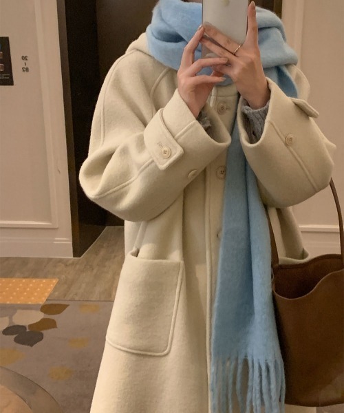 Aelina ステンカラーコート コート メルトンコートフード付きシングル