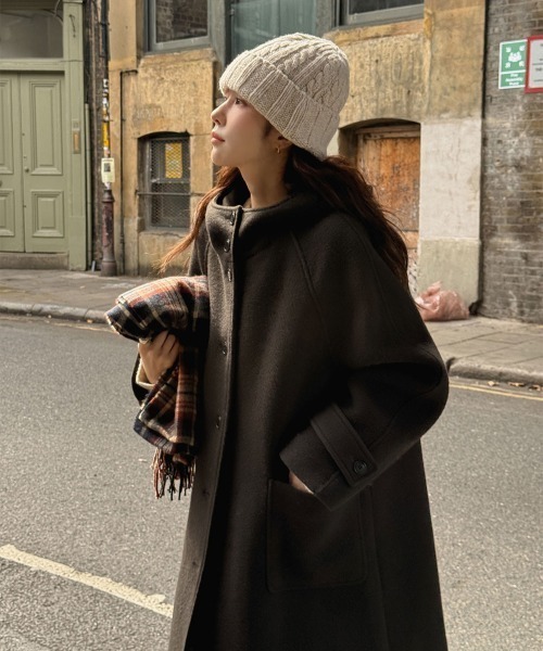 Aelina ステンカラーコート コート メルトンコートフード付きシングル