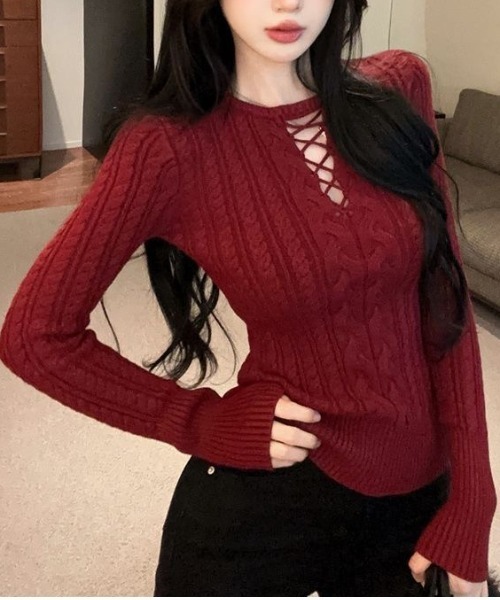 ViViDAY ニット セーター フロントストラップケーブル編みニット