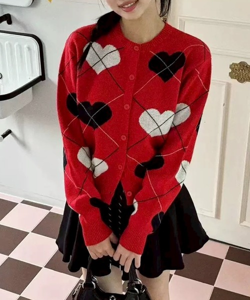 leune（ルネ） カーディガン ハートアーガイル柄ニットカーディガン