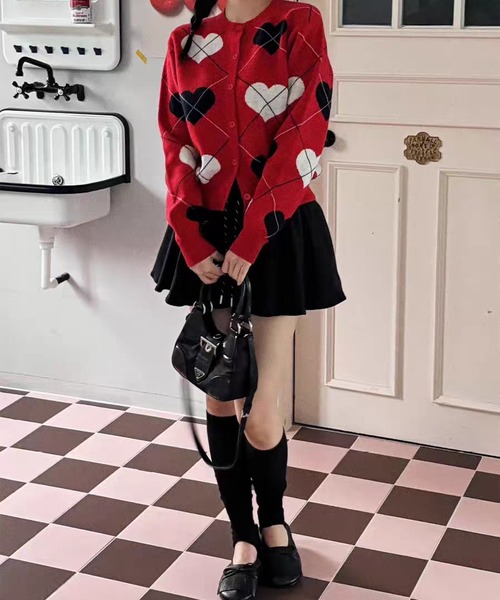 leune（ルネ） カーディガン ハートアーガイル柄ニットカーディガン