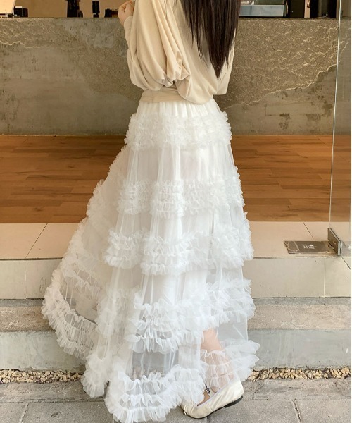 LUCPY ロング スカート ボリュームチュールフリルティアードロング