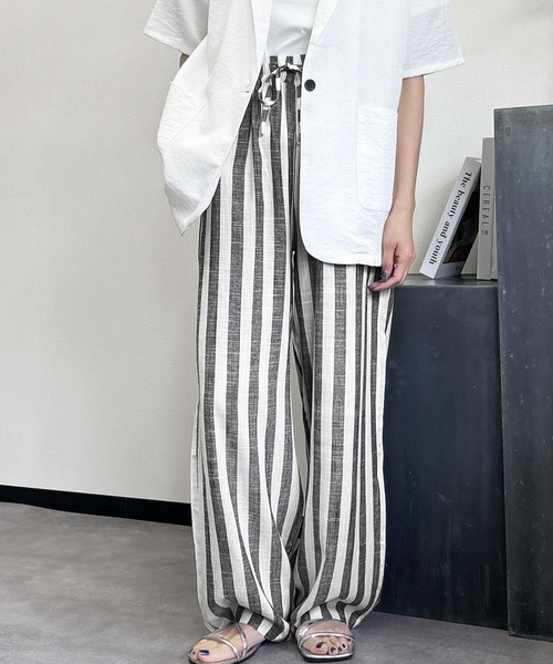 LOWO ワイドパンツ パンツ リネン混マルチストライプイージーワイド