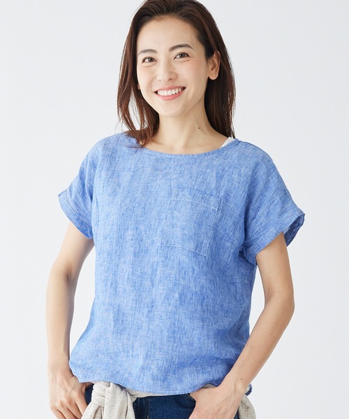 tシャツ プレミアム・ウォッシャブル・リネン・シャツ、半袖ティ ジャパン・フィット レディース