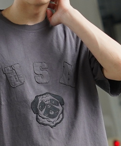 tシャツ 「unisex」パグ ダメージ Tシャツ / 刺繍 ワッペン