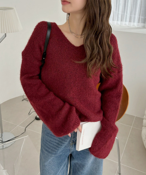 Ada. ニット セーター ふんわりタッチ メランジが可愛い Vネック ゆる