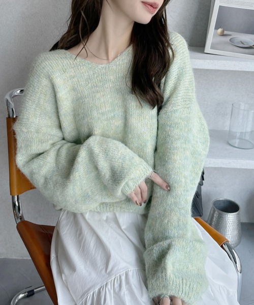 Ada. ニット セーター ふんわりタッチ メランジが可愛い Vネック ゆる