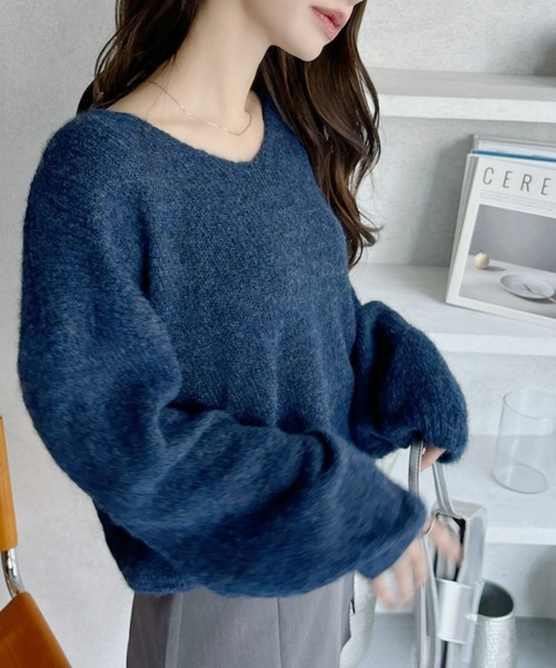 TONAL - トーナル2wayアンゴラニットVネックセーター冬レディースふわふわ秋ブルー水色 TONAL - トーナル2wayアンゴラニットVネックセーター冬