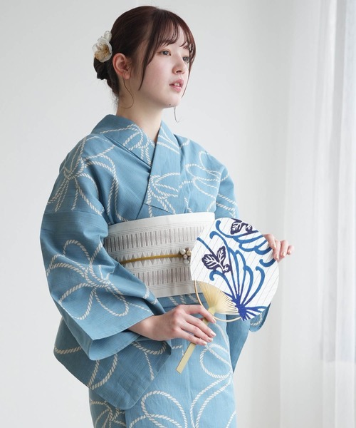 浴衣 手染め注染浴衣3点セット utatane×注染工房 先染めベージュ 水色の綱結び レディース