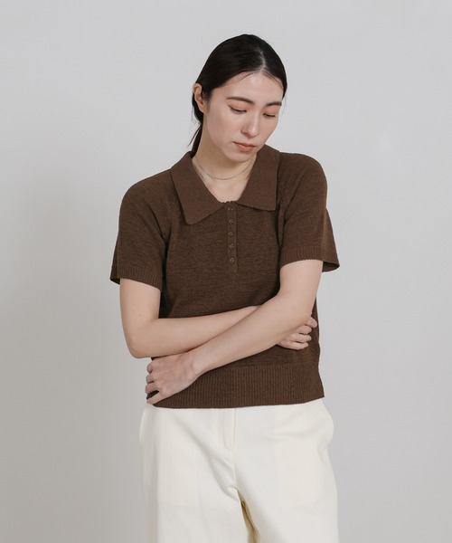 新品cccmalieシーマリー★コットンカシミヤ半袖ポロニット ブラウン 40 select MOCA（セレクトモカ） サマーニット ニット セーター ポロ