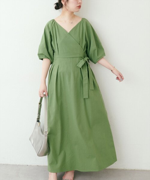 natural couture ワンピース 半袖 カシュクールランタンワンピース