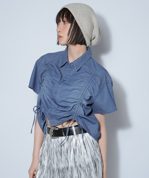 PAGEBOY ブラウス シャツ ドロストデニムショートシャツ