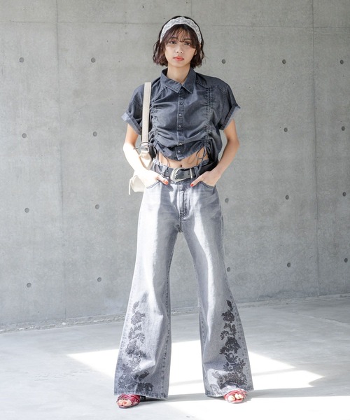 ブラウス シャツ デニム風ドロスト付き ショートシャツ / セットアップ対応 レディース COMME CA ISM ブラウス シャツ デニム風ドロスト付き ショート