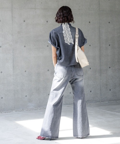 ブラウス シャツ デニム風ドロスト付き ショートシャツ / セットアップ対応 レディース COMME CA ISM ブラウス シャツ デニム風ドロスト付き ショート