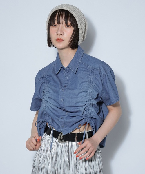 ブラウス シャツ デニム風ドロスト付き ショートシャツ / セットアップ対応 レディース COMME CA ISM ブラウス シャツ デニム風ドロスト付き ショート