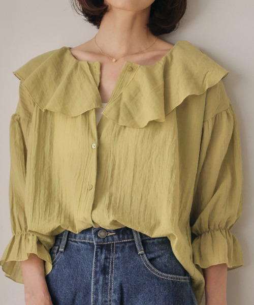 極美品 デザインワークス タフタラッフルブラウス バンドカラー イエロー 38 極美品 デザインワークス タフタラッフルブラウス バンドカラー