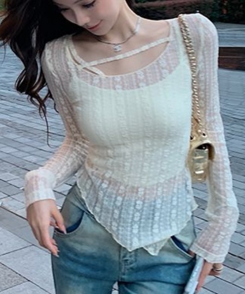 Sibra（シブラ） tシャツ レース切替シアートップス／曲線美を