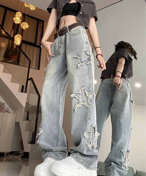 「almo」 「BURLESQUE」加工デニムパンツ LARGE ブルー レディース
