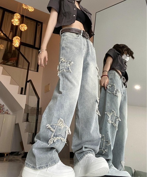 「almo」 「BURLESQUE」加工デニムパンツ LARGE ブルー レディース